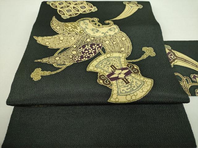平和屋着物●九寸名古屋帯 型染 宝尽くし 黒地 鬼しぼ縮緬 正絹 逸品 DAAU5465ps
