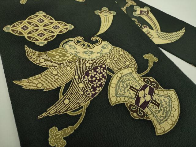 平和屋着物●九寸名古屋帯 型染 宝尽くし 黒地 鬼しぼ縮緬 正絹 逸品 DAAU5465ps