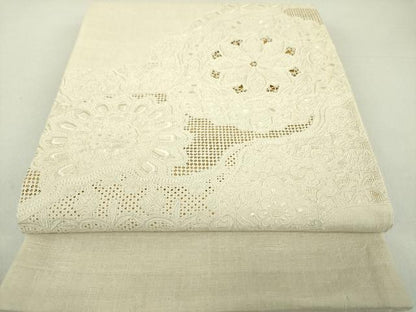 平和屋着物●中国三大刺繍 スワトウ相良刺繍 汕頭相良刺繍 総刺繍 太鼓柄袋帯 紬地 正倉院花文 練色 正絹 逸品 未使用 DAAU5483ps