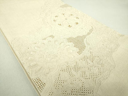 平和屋着物●中国三大刺繍 スワトウ相良刺繍 汕頭相良刺繍 総刺繍 太鼓柄袋帯 紬地 正倉院花文 練色 正絹 逸品 未使用 DAAU5483ps