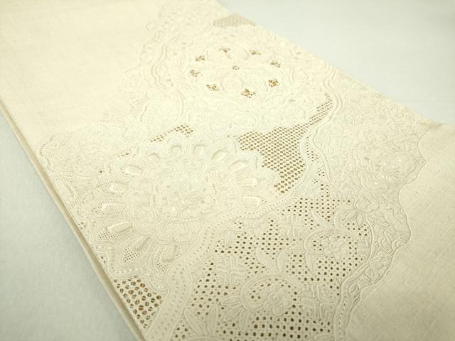 平和屋着物●中国三大刺繍 スワトウ相良刺繍 汕頭相良刺繍 総刺繍 太鼓柄袋帯 紬地 正倉院花文 練色 正絹 逸品 未使用 DAAU5483ps