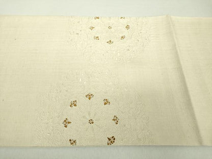 平和屋着物●中国三大刺繍 スワトウ相良刺繍 汕頭相良刺繍 総刺繍 太鼓柄袋帯 紬地 正倉院花文 練色 正絹 逸品 未使用 DAAU5483ps