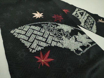 平和屋着物●九寸名古屋帯 絞り 駒刺繍 地紙楓文 黒地 金糸 正絹 逸品 DAAU5498ps