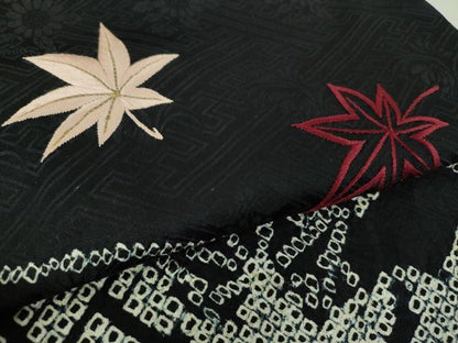 平和屋着物●九寸名古屋帯 絞り 駒刺繍 地紙楓文 黒地 金糸 正絹 逸品 DAAU5498ps