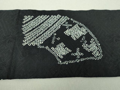 平和屋着物●九寸名古屋帯 絞り 駒刺繍 地紙楓文 黒地 金糸 正絹 逸品 DAAU5498ps