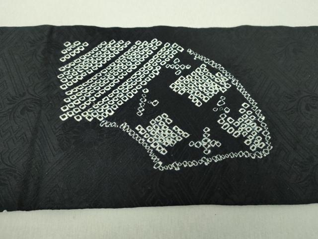 平和屋着物●九寸名古屋帯 絞り 駒刺繍 地紙楓文 黒地 金糸 正絹 逸品 DAAU5498ps