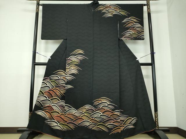 平和屋着物●訪問着 流水文 黒地 金彩 正絹 逸品 DAAU5642ps