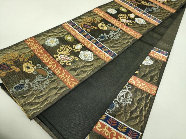 平和屋着物▽六通柄袋帯 スリーシーズン帯 春 夏 秋 すくい織 横段花唐草文 金銀糸 正絹 逸品 DAAU5714ps
