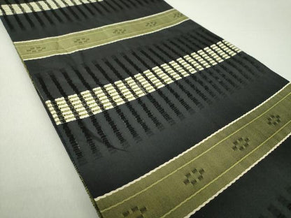 平和屋着物●花織　六通柄袋帯　横段文　黒地　正絹　逸品　DAAU5915ps