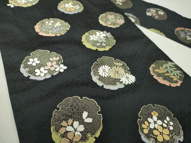 平和屋着物●九寸名古屋帯　唐織　雪輪花文　黒地　金糸　正絹　逸品　DAAU5944ps