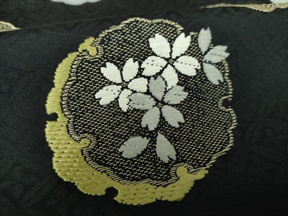 平和屋着物●九寸名古屋帯　唐織　雪輪花文　黒地　金糸　正絹　逸品　DAAU5944ps