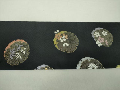 平和屋着物●九寸名古屋帯　唐織　雪輪花文　黒地　金糸　正絹　逸品　DAAU5944ps
