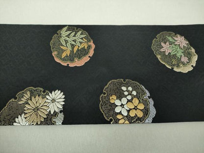 平和屋着物●九寸名古屋帯　唐織　雪輪花文　黒地　金糸　正絹　逸品　DAAU5944ps