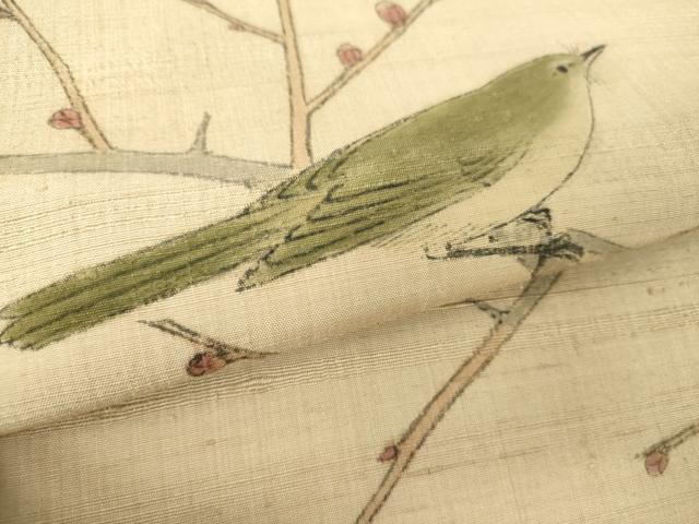 平和屋着物●九寸名古屋帯　紬地　作家物　手描き　鶯　枝蕾　梅　正絹　逸品　DAAU5951ps
