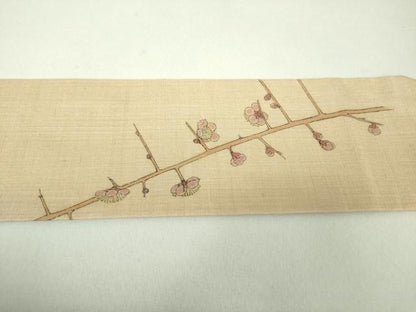 平和屋着物●九寸名古屋帯　紬地　作家物　手描き　鶯　枝蕾　梅　正絹　逸品　DAAU5951ps