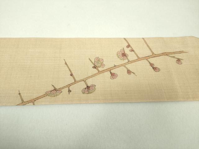 平和屋着物●九寸名古屋帯　紬地　作家物　手描き　鶯　枝蕾　梅　正絹　逸品　DAAU5951ps