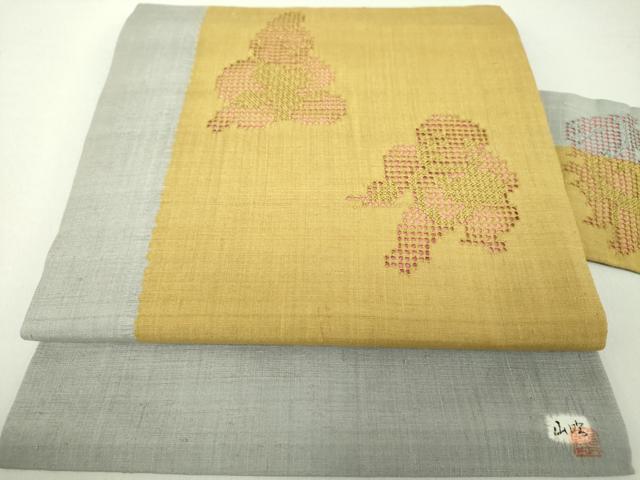 平和屋着物●九寸名古屋帯 紬地 作家物 絞り 刺繍 唐子 正絹 逸品 DAAU5961ps