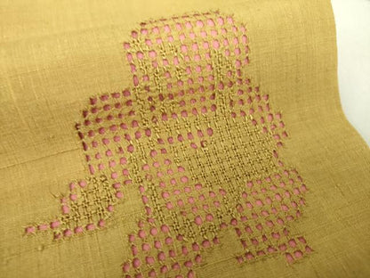 平和屋着物●九寸名古屋帯 紬地 作家物 絞り 刺繍 唐子 正絹 逸品 DAAU5961ps