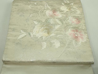平和屋着物▼西陣　太鼓柄袋帯　総刺繍　草花文　銀糸　正絹　逸品　DAAU6082sf