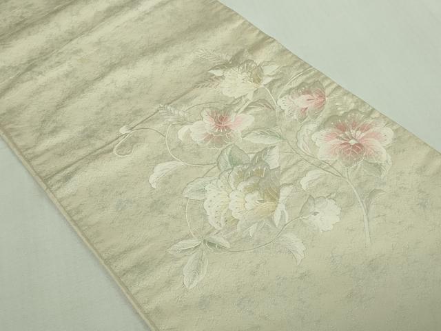 平和屋着物▼西陣　太鼓柄袋帯　総刺繍　草花文　銀糸　正絹　逸品　DAAU6082sf