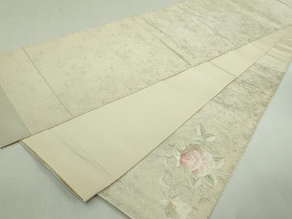 平和屋着物▼西陣　太鼓柄袋帯　総刺繍　草花文　銀糸　正絹　逸品　DAAU6082sf