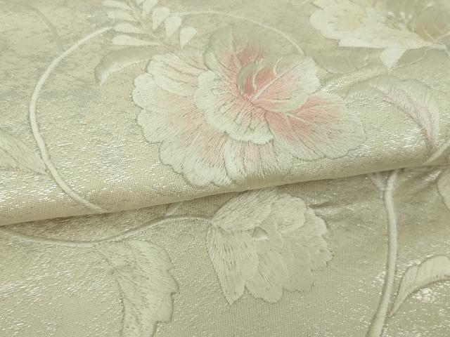 平和屋着物▼西陣　太鼓柄袋帯　総刺繍　草花文　銀糸　正絹　逸品　DAAU6082sf