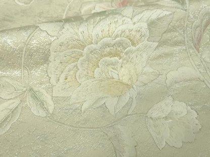 平和屋着物▼西陣　太鼓柄袋帯　総刺繍　草花文　銀糸　正絹　逸品　DAAU6082sf