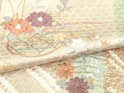 平和屋着物▽訪問着 単衣 刺繍 絞り 花籠文 金銀彩 正絹 逸品 DAAU6372sf
