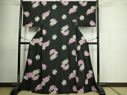 平和屋着物▽小紋 単衣 牡丹文 黒地 洗える着物 DAAU6383sf