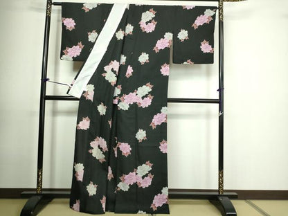 平和屋着物▽小紋 単衣 牡丹文 黒地 洗える着物 DAAU6383sf
