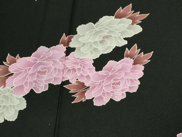 平和屋着物▽小紋 単衣 牡丹文 黒地 洗える着物 DAAU6383sf