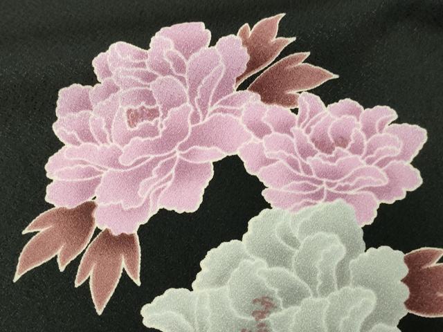 平和屋着物▽小紋 単衣 牡丹文 黒地 洗える着物 DAAU6383sf