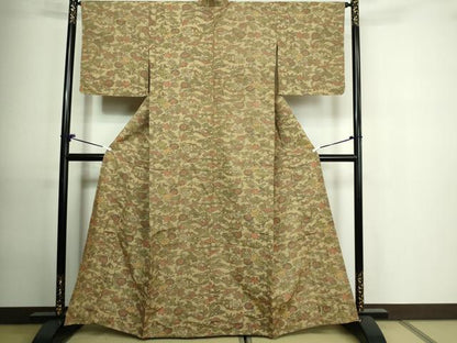 平和屋着物▽上質な紬 単衣 草花文 正絹 逸品 DAAU6394sf
