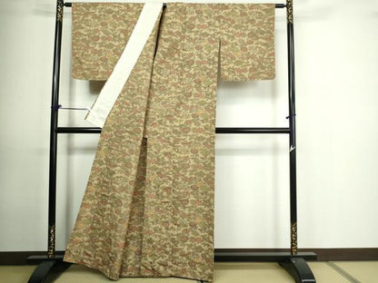 平和屋着物▽上質な紬 単衣 草花文 正絹 逸品 DAAU6394sf