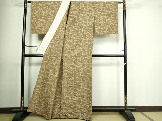 平和屋着物▽上質な紬 単衣 草花文 正絹 逸品 DAAU6394sf