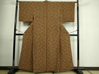 平和屋着物▽上質な小紋 単衣 笹の葉文 鬼しぼ縮緬 正絹 逸品 DAAU6395sf