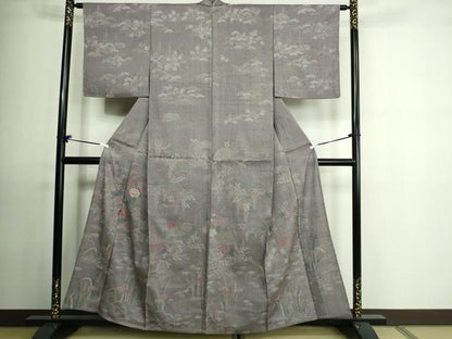 平和屋着物▽訪問着 単衣 刺繍 紬地 流水草花文 正絹 逸品 DAAU6415sf
