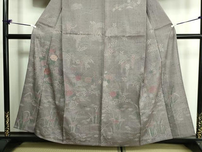 平和屋着物▽訪問着 単衣 刺繍 紬地 流水草花文 正絹 逸品 DAAU6415sf