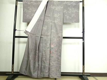 平和屋着物▽訪問着 単衣 刺繍 紬地 流水草花文 正絹 逸品 DAAU6415sf