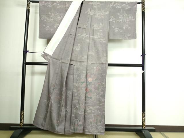 平和屋着物▽訪問着 単衣 刺繍 紬地 流水草花文 正絹 逸品 DAAU6415sf