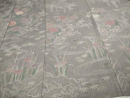平和屋着物▽訪問着 単衣 刺繍 紬地 流水草花文 正絹 逸品 DAAU6415sf
