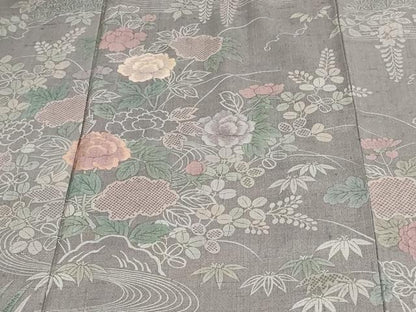 平和屋着物▽訪問着 単衣 刺繍 紬地 流水草花文 正絹 逸品 DAAU6415sf