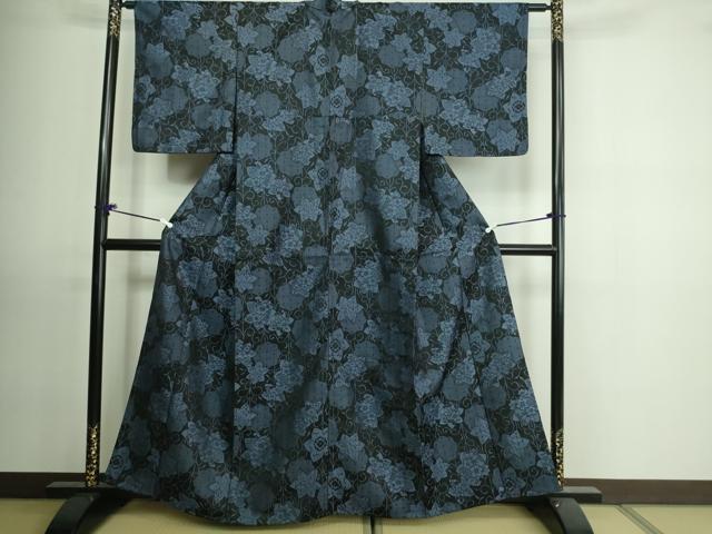 平和屋着物▽上質な小紋 単衣 草花文 黒地 洗える着物 未使用 DAAU6418sf