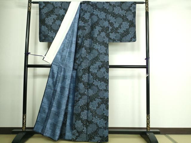 平和屋着物▽上質な小紋 単衣 草花文 黒地 洗える着物 未使用 DAAU6418sf
