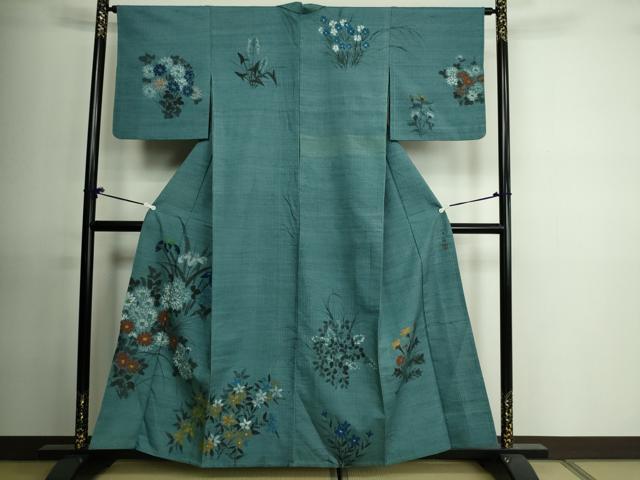 平和屋着物▽訪問着 単衣 紬地 作家物 手描き 草花文 正絹 逸品 DAAU6437sf