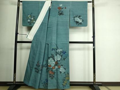 平和屋着物▽訪問着 単衣 紬地 作家物 手描き 草花文 正絹 逸品 DAAU6437sf