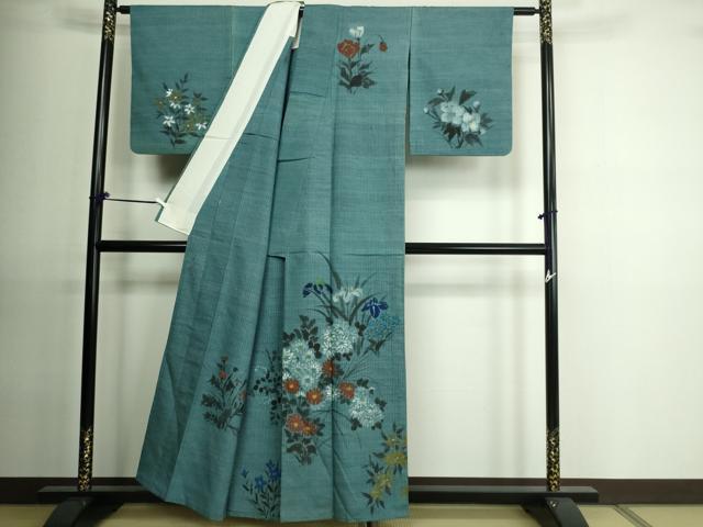 平和屋着物▽訪問着 単衣 紬地 作家物 手描き 草花文 正絹 逸品 DAAU6437sf