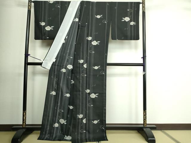 平和屋着物▽小紋 単衣 舞花文 黒地 洗える着物 DAAU6438sf