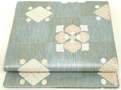 平和屋着物▽六通柄袋帯 スリーシーズン 春夏秋 京の名工 市松更紗花菱文 金糸 正絹 逸品 DAAU6561ob