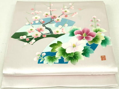 平和屋着物●太鼓柄袋帯 友禅 作家物 地紙重ね草花文 正絹 逸品 DAAU6572ob